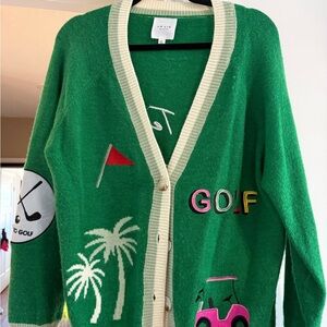 Lele Sadoughi Green Golf Embroidered Cardigan with Cream Trim